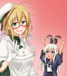 Rule 34 | 2girls, :d, ahoge, alternate costume, anti (untea9), blonde hair, blue eyes, breasts, commentary, dotera (clothes), dress, flower, glasses, gloves, gradient background, green eyes, hair flower, hair ornament, hat, highres, holding, holding clothes, holding underwear, i-8 (kancolle), kantai collection, large breasts, long hair, looking at viewer, multiple girls, open mouth, red-framed eyewear, red background, ro-500 (kancolle), sailor hat, school swimsuit, school uniform, serafuku, smile, swimsuit, tan, underwear, v, white dress, white gloves