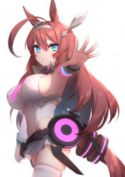 Rule 34 | 1girl, ahoge, animal ears, breasts, commentary request, covered navel, hair between eyes, hairband, horse ears, horse girl, horse tail, hsuliherng, large breasts, long hair, looking at viewer, mihono bourbon (umamusume), red hair, simple background, solo, standing, tail, thighhighs, thighs, umamusume, white background, white thighhighs