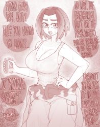 Rule 34 | 1girl, armpit peek, bare arms, bare shoulders, beer can, bob cut, breasts, buttons, can, cleavage, clothes down, collarbone, creatures (company), drink can, ekz (robotekz), english text, eyelashes, fingernails, flame print, forehead, game freak, hand on own hip, highres, holding, holding can, jumpsuit, jumpsuit around waist, large breasts, long fingernails, looking at viewer, monochrome, nintendo, open mouth, pocket, pokemon, pokemon tcg, short hair, solo, speech bubble, standing, sweat, talking, tank top, teeth, thick eyebrows, welder (pokemon)