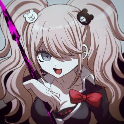 Rule 34 | 1girl, :d, artist name, bear hair ornament, black background, black bra, black shirt, blood, bloody weapon, bow, bra, breasts, cleavage, danganronpa: trigger happy havoc, danganronpa (series), enoshima junko, grey background, grey eyes, hair ornament, hair over one eye, large breasts, mikao (eanv5385), necktie, open mouth, polearm, red bow, shirt, simple background, smile, solo, spear, underwear, weapon