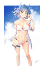 Rule 34 | 1girl, absurdres, arm up, bangle, bare shoulders, bikini, blue eyes, blue hair, blue sky, bracelet, breasts, cleavage, cloud, collarbone, feet out of frame, front-tie bikini top, front-tie top, gluteal fold, groin, hair blowing, hand in own hair, head tilt, highres, jacket, jewelry, layered bikini, leg ribbon, medium breasts, navel, necklace, o-ring, o-ring bikini, off-shoulder jacket, off shoulder, original, outdoors, parted lips, ribbon, short hair, side-tie bikini bottom, signature, sky, solo, standing, stomach, string bikini, swimsuit, symbol-only commentary, teataster, thigh ribbon, thighs, white bikini, white jacket, wind