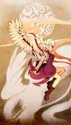 Rule 34 | 1girl, angel wings, bad id, bad pixiv id, boots, bow, bowtie, breasts, brown background, brown footwear, brown jacket, cheong ha, covering own mouth, dress, feathered wings, floating, hip focus, jacket, kishin sagume, knee boots, long hair, long sleeves, looking afar, open hand, profile, purple dress, red eyes, short dress, short hair, single wing, solo, thighs, touhou, wind, wings