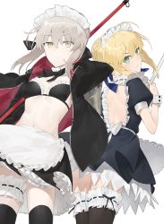 Rule 34 | 2girls, apron, arm up, artoria pendragon (all), artoria pendragon (alter swimsuit rider) (fate), artoria pendragon (alter swimsuit rider) (second ascension) (fate), artoria pendragon (fate), backless dress, backless outfit, bikini, black bikini, black skirt, blonde hair, blush, breasts, bridal garter, dress, fate/grand order, fate (series), frilled apron, frills, green eyes, grey hair, hair between eyes, hayashi kewi, hood, hoodie, looking at viewer, maid, maid bikini, maid headdress, mop, multiple girls, navel, official alternate costume, open clothes, open hoodie, parted lips, saber (fate), saber alter, sidelocks, simple background, skirt, small breasts, smile, swimsuit, thighhighs, tsurime, unconventional maid, v-shaped eyebrows, waist apron, white background, wrist cuffs, yellow eyes