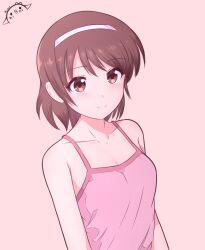 absurdres artist_logo breasts brown_eyes brown_hair cleavage commentary hairband highres kurumimi_birb logo nagatsuki_sanae pink_background shinryaku!_ikamusume short_hair smile tank_top upper_body