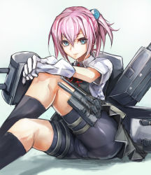 Rule 34 | 10s, 1girl, bike shorts, blue eyes, cameltoe, gloves, hair ornament, highres, kantai collection, looking at viewer, mecha musume, personification, pink hair, pleated skirt, ponytail, school uniform, shiranui (kancolle), short hair, short sleeves, sitting, skirt, solo, taishi (artist), taishi (picchiridou), white gloves