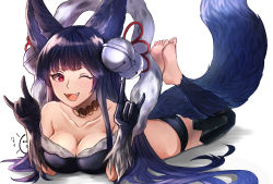 Rule 34 | 1girl, :d, \m/, animal ears, bare shoulders, barefoot, baum roll 017, bell, blue hair, breasts, choker, cleavage, collarbone, commentary request, double fox shadow puppet, erune, fang, fox ears, fox shadow puppet, fox tail, granblue fantasy, hair bell, hair ornament, highres, jingle bell, large breasts, long hair, lying, on stomach, one eye closed, open mouth, red eyes, simple background, smile, solo, tail, the pose, very long hair, white background, yuel (granblue fantasy)