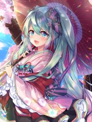 Rule 34 | 1girl, :d, black skirt, blue eyes, blush, commentary request, day, flower, frilled sleeves, frills, green hair, hair between eyes, hatsune miku, highres, holding, holding umbrella, japanese clothes, kimono, leeannpippisum, long sleeves, multicolored hair, obi, oil-paper umbrella, open mouth, outdoors, pink flower, pink hair, pink kimono, sash, skirt, smile, solo, streaked hair, twintails, umbrella, vocaloid, wide sleeves