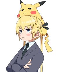Rule 34 | 1girl, :&lt;, black necktie, black ribbon, blonde hair, blue eyes, blush stickers, closed mouth, collared shirt, creatures (company), crossed arms, crossover, game freak, gen 1 pokemon, gotcha!, hair ribbon, highres, kill me baby, long hair, long sleeves, looking up, necktie, nintendo, pikachu, pokemon, pokemon (creature), ribbon, shirt, simple background, sonya (kill me baby), twintails, white background, yachima tana