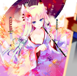Rule 34 | 1girl, animal ears, ayuka, bare shoulders, blonde hair, blue eyes, blurry, breasts, cleavage, collarbone, depth of field, floral print, fox ears, fox tail, hair ornament, inari, japanese clothes, kimono, kitsune, mitsuki (p&amp;d), off shoulder, oil-paper umbrella, puzzle &amp; dragons, solo, sword, tail, umbrella, weapon