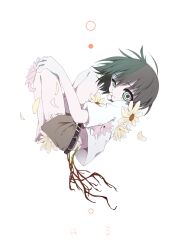 Rule 34 | 1boy, barefoot, belt, black hair, commentary, flower, full body, highres, looking at viewer, male focus, nomura kitan, original, petals, petals in mouth, ribbon, roots, short hair, short shorts, shorts, solo, symbol-only commentary