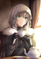 Rule 34 | 1girl, commentary request, cup, day, fate (series), gloves, gray (fate), green eyes, grey hair, hair between eyes, holding, holding cup, hood, looking outside, lord el-melloi ii case files, nina (pastime), smile, solo, teacup, teapot, window