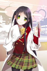 Rule 34 | 1girl, :3, arm up, bags under eyes, black hair, black pantyhose, blazer, bow, dress shirt, faucet, green eyes, grin, hands in opposite sleeves, heart, holding, jacket, lab coat, long hair, lowres, pantyhose, plaid, plaid skirt, pleated skirt, ribbon, school uniform, shirt, skirt, sleeves past wrists, smile, solo, star (symbol), sword girls, thighhighs, troly, two side up, vial, window