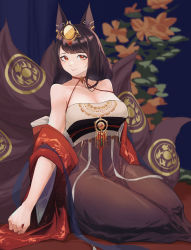 Rule 34 | 1girl, absurdres, akagi (azur lane), akagi (dawn phoenix&#039;s summons) (azur lane), azur lane, bare shoulders, breasts, brown dress, brown tail, cleavage, dress, highres, japanese clothes, kimono, kitsune, kyuubi, large breasts, multiple tails, nocturnal melonpan, official alternate costume, open clothes, open kimono, red kimono, sitting, sleeveless, sleeveless dress, solo, tail, tail ornament, wide sleeves