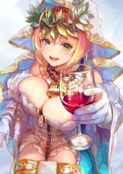 Rule 34 | 1girl, alcohol, belt, blonde hair, breasts, bursting breasts, chain, cleavage, cowboy shot, cup, drinking glass, fate/grand order, fate (series), gloves, green eyes, highres, holding, holding cup, holding drinking glass, large breasts, lock, looking at viewer, nero claudius (bride) (fate), nero claudius (bride) (third ascension) (fate), nero claudius (fate), nero claudius (fate) (all), open mouth, padlock, short hair, smile, solo, teeth, tocope, upper teeth only, veil, white gloves, wine, wine glass, zipper
