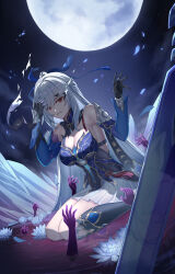 Rule 34 | 1girl, absurdres, animal ear fluff, animal ears, baiheng (honkai: star rail), bare shoulders, black blindfold, black footwear, black gloves, blindfold, blue bow, blue dress, blue flower, blue hair, blue petals, blue skirt, blue sleeves, boots, bow, breasts, cleavage, clenched teeth, commentary request, covered eyes, detached sleeves, different reflection, disembodied hand, dress, ezrajedi, flower, fox ears, fox girl, full moon, gloves, hair between eyes, hair bow, hand up, highres, holding own head, honkai: star rail, honkai (series), ice, jingliu (honkai: star rail), knee boots, large breasts, long hair, looking at another, moon, night, night sky, outdoors, partial commentary, planted, planted sword, planted weapon, reaching towards another, red eyes, reflection, reflective water, sitting, skirt, sky, smile, solo, sword, teeth, thighs, torn blindfold, wariza, water, weapon