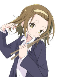 Rule 34 | 1girl, bright pupils, brown eyes, brown hair, closed mouth, hairband, ixy, k-on!, long sleeves, looking at viewer, shirt, short hair, simple background, smile, solo, tainaka ritsu, upper body, white background, white shirt, yellow hairband