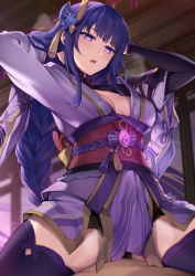 Rule 34 | 1boy, 1girl, blush, braid, breasts, genshin impact, girl on top, highres, japanese clothes, kimono, large breasts, long hair, looking down, low-braided long hair, low-tied long hair, parted lips, purple eyes, purple kimono, purple thighhighs, raiden shogun, solo focus, thighhighs, thighs, tsuki tokage