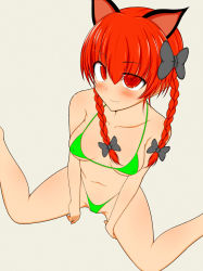 1girl animal_ears bikini bow braid cat_ears covered_erect_nipples fang fang_out feet_out_of_frame foreshortening from_above green_bikini highres kaenbyou_rin kim0501 micro_bikini red_eyes red_hair simple_background sitting smile solo spread_legs swimsuit touhou twin_braids wariza white_background