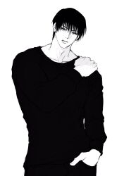 Rule 34 | 1boy, collarbone, cowboy shot, fushiguro touji, greyscale, hand in pocket, highres, jujutsu kaisen, looking at viewer, male focus, monochrome, pants, scar, scar on face, short hair, solo, sso s, standing, sweater, white background