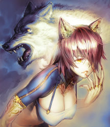 Rule 34 | 1girl, animal ears, breasts, brown hair, chyko7080, cleavage, covered erect nipples, dual persona, fingernails, hair over one eye, large breasts, lips, long fingernails, original, short hair, tattoo, werewolf, wolf, wolf ears, yellow eyes