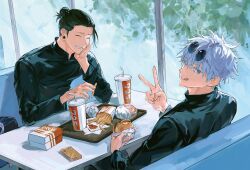 Rule 34 | 2boys, 99round, black hair, black jacket, blue eyes, burger, closed eyes, colored eyelashes, cup, disposable cup, earrings, face in hands, fast food, food, french fries, getou suguru, gojou satoru, highres, holding, holding burger, holding food, jacket, jewelry, jujutsu kaisen, multiple boys, restaurant, round eyewear, single earring, smile, sunglasses, table, tongue, tongue out, tray, updo, v, white hair