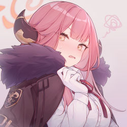 Rule 34 | 1girl, aru (blue archive), blue archive, blush, breasts, coat, eta, eyes visible through hair, female focus, fur collar, gloves, grey background, halo, horns, long hair, long sleeves, looking at viewer, medium breasts, neck ribbon, open mouth, pink hair, red coat, red ribbon, ribbon, shirt, simple background, solo, squiggle, sweat, upper body, white gloves, white shirt, yellow eyes