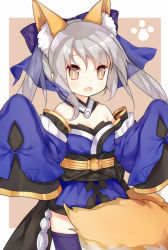 Rule 34 | alternate hairstyle, animal ears, blue thighhighs, breasts, cleavage, cosplay, cowboy shot, detached collar, fate/grand order, fate (series), fox ears, fox tail, japanese clothes, ning hai (warship girls r), open mouth, silver hair, small breasts, solo, standing, tail, tamamo (fate), tamamo cat (fate), tamamo no mae (fate/extra), tamamo no mae (fate/extra) (cosplay), tengxiang lingnai, thighhighs, twintails, warship girls r
