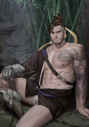 Rule 34 | 1boy, abs, arrow (projectile), bamboo, bare pectorals, beard, black hair, bulge, crotch, facial hair, hanzo (overwatch), highres, large pectorals, looking at viewer, male focus, male underwear, manly, multicolored hair, muscular, nipples, overwatch, overwatch 1, pectorals, pectorals, silver hair, sitting, smile, solo, tattoo, thighs, underwear, weapon, white male underwear