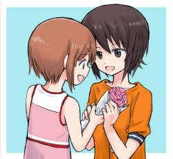 Rule 34 | 2girls, aged down, blue background, bouquet, brown eyes, brown hair, carnation, commentary, flower, girls und panzer, holding, holding bouquet, looking at another, multiple girls, mutsu (layergreen), nishizumi maho, nishizumi miho, open mouth, orange sky, outside border, pink carnation, pink flower, pink shirt, shirt, short hair, short sleeves, siblings, sisters, sky, smile, tank top