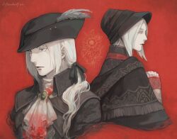 Rule 34 | 2girls, ascot, black headwear, blonde hair, blood, blood on clothes, bloodborne, blue eyes, brooch, dress, driftwoodwolf, expressionless, hair ribbon, hat, hat feather, jewelry, lady maria of the astral clocktower, lips, long hair, multiple girls, multiple views, plain doll, ponytail, rakuyo (bloodborne), red background, ribbon, short hair, tricorne, upper body, white ascot