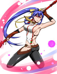 Rule 34 | 1girl, antenna hair, artist request, ass, bad anatomy, bare shoulders, blazblue, blazblue: central fiction, blazblue variable heart, blue hair, bow, breasts, butt crack, fingerless gloves, frown, genderswap, genderswap (mtf), gloves, hair bow, holding, holding weapon, large breasts, long hair, looking at viewer, lowleg, lowleg pants, mai natsume, no bra, no panties, pants, polearm, ponytail, purple eyes, revealing clothes, ribbon, shiny clothes, shiny skin, sidelocks, solo, spear, very long hair, weapon