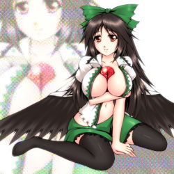 Rule 34 | 1girl, black thighhighs, black wings, blush, bow, breast hold, breasts, brown eyes, brown hair, female focus, genjuu rou, hair bow, large breasts, long hair, midriff, open clothes, open shirt, red eyes, reiuji utsuho, shirt, skirt, smile, solo, thighhighs, third eye, touhou, wings, zoom layer