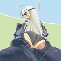 Rule 34 | !, 1girl, :o, ahoge, alternate color, armor, ass, bad id, bad pixiv id, black panties, blush, cameltoe, capcom, detached sleeves, embarrassed, from below, gloves, headband, lao-shan lung (armor), long hair, looking at viewer, looking back, looking down, momio, monster hunter (series), open mouth, panties, pants, parted bangs, pink thighhighs, red eyes, silver hair, solo, standing, striped, surprised, sweat, thighhighs, underwear, very long hair