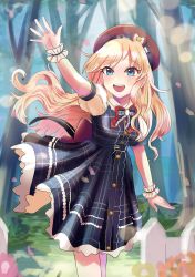 Rule 34 | 1girl, :d, absurdres, arm up, beret, black bow, blonde hair, blue eyes, blush, bow, bowtie, clothes lift, commentary request, cowboy shot, dress, dress lift, fence, flower, forest, hat, highres, huge filesize, idolmaster, idolmaster cinderella girls, idolmaster cinderella girls starlight stage, long hair, nature, ohtsuki yui, open mouth, outdoors, outstretched arms, petals, pirika, puffy sleeves, red bow, red bowtie, red hat, round teeth, short sleeves, smile, solo, standing, teeth, tree, upper teeth only, wind, wind lift, wrist cuffs