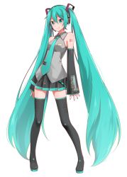 Rule 34 | 1girl, aqua eyes, aqua hair, aqua necktie, black skirt, black thighhighs, closed mouth, commentary request, derivative work, detached sleeves, full body, hatsune miku, headset, highres, long hair, looking at viewer, necktie, number tattoo, shoulder tattoo, simple background, skirt, sleeves past wrists, smile, so ra 01 02, solo, standing, tattoo, thighhighs, twintails, twitter username, very long hair, vocaloid, vocaloid boxart pose, white background, zettai ryouiki