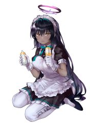 Rule 34 | 1girl, ahoge, anarogumaaa, apron, black hair, blue archive, blush, breasts, dark-skinned female, dark skin, dress, frilled apron, frills, full body, furrowed brow, gloves, halo, hands up, highres, holding, karin (blue archive), large breasts, long hair, looking at viewer, maid apron, maid headdress, neck ribbon, open mouth, pantyhose, ribbon, shoes, short sleeves, simple background, sitting, solo, sweat, textless version, very long hair, wariza, white background, white gloves, white pantyhose, yellow eyes