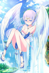 Rule 34 | 1girl, angel wings, bad id, bad pixiv id, blush, braid, breasts, cleavage, closed mouth, collarbone, day, highres, large breasts, long hair, looking away, loup, original, outdoors, purple eyes, purple hair, solo, sparkle, wings