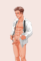 Rule 34 | 1boy, abs, bottomless, cum, erection, highres, looking at viewer, male focus, naughty face, necktie, original, penis, sohma, solo, unbuttoned