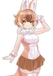 Rule 34 | 1girl, a888 n22, animal ears, bow, bowtie, brown hair, dhole (kemono friends), extra ears, gloves, highres, kemono friends, kemono friends 3, looking at viewer, ribbon, shirt, short hair, simple background, skirt, sleeveless, sleeveless shirt, solo, tail, thighhighs, wolf ears, wolf girl, wolf tail, yellow eyes