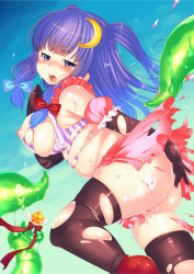 Rule 34 | 1girl, alternate costume, alternate hairstyle, bad id, bad pixiv id, black gloves, black thighhighs, blush, breasts, crescent, crescent hair ornament, dancho (dancyo), gloves, hair ornament, large breasts, long hair, md5 mismatch, nipples, open mouth, patchouli knowledge, plump, purple eyes, purple hair, skull.03, solo, tentacles, thighhighs, torn clothes, touhou, twintails, two side up
