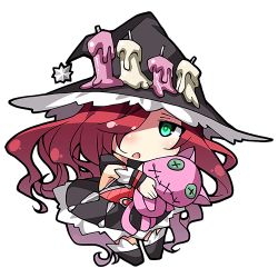 Rule 34 | 10s, 1girl, :o, anna (granblue fantasy), aqua eyes, black dress, black footwear, blush, boots, buttons, candle, chibi, dress, full body, granblue fantasy, hair over one eye, hat, heart, holding, long hair, looking away, looking to the side, lowres, nyagakiya, open mouth, red hair, simple background, sleeveless, sleeveless dress, solo, standing, stitches, stuffed animal, stuffed cat, stuffed toy, white background, witch, witch hat, wristband