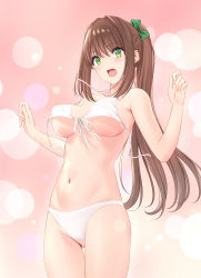 Rule 34 | 1girl, absurdres, bare arms, bare legs, bikini, breasts, brown hair, covered erect nipples, cowboy shot, female focus, gluteal fold, gradient background, green eyes, hair ribbon, highres, marui koishi, medium breasts, navel, open mouth, original, ponytail, ribbon, sidelocks, simple background, solo, standing, surprised, swimsuit, thighs, underboob, wardrobe malfunction, white bikini