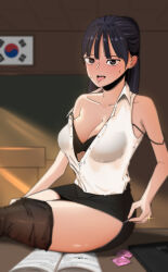 Rule 34 | 1girl, absurdres, beautiful gunbari, black bra, black hair, black skirt, black thighhighs, blurry, book, bra, breasts, cleavage, condom, heart, heart-shaped pupils, highres, indoors, long hair, looking at viewer, medium breasts, open book, partially unbuttoned, partially unzipped, pencil skirt, ryusei (rspix1v), see-through, seong daseul, skirt, solo, south korean flag, sweat, symbol-shaped pupils, teacher, thighhighs, tongue, tongue out, underwear, undressing, zipper