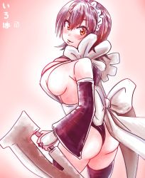 Rule 34 | 1girl, absurdres, ass, black hair, breasts, butterfly swords, cleavage, detached sleeves, highres, iroha (samurai spirits), large breasts, looking at viewer, looking back, maid, maid headdress, samurai spirits, sideboob, smile, snk, thighhighs, weapon