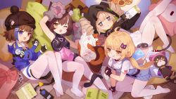 Rule 34 | absurdres, bare arms, blonde hair, blue eyes, brown hair, character request, cocoritter (tower of fantasy), copyright request, feet, highres, long hair, looking at viewer, no shoes, one eye closed, open mouth, pantyhose, red eyes, short hair, socks, soles, thighhighs, tsubasa tsubasa, twintails, white legwear, yellow eyes