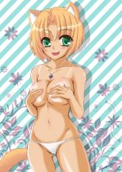 Rule 34 | 1girl, :p, animal ears, blonde hair, breasts, covering privates, covering breasts, green eyes, jewelry, large breasts, necklace, original, poyamu, short hair, solo, tail, tan, tanline, tongue, tongue out, topless