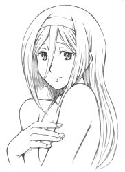 Rule 34 | 10s, 1girl, bare shoulders, bbb (friskuser), covering privates, greyscale, hairband, highres, hyouka, irisu fuyumi, lineart, long hair, monochrome, simple background, white background