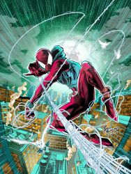 Rule 34 | 1boy, animal print, artist name, ben reilly, bodysuit, building, cityscape, commentary, electricity, english commentary, highres, hood, hooded bodysuit, male focus, marvel, pat m art, red bodysuit, scarlet spider, silk, skyscraper, solo, spider-man (series), spider print, spider web, spider web print, superhero costume, western comics (style)