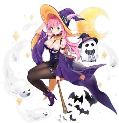 Rule 34 | 1girl, arm belt, arm up, azur lane, bare shoulders, bat (animal), between breasts, black hat, black leotard, boots, breasts, broom, broom riding, brown pantyhose, cleavage, collar, crescent moon, detached sleeves, feathers, full body, ghost, green eyes, halloween, hand on headwear, hat, heart, heart tattoo, high heel boots, high heels, large breasts, latex, leotard, long hair, looking at viewer, memphis (azur lane), memphis (mystical night) (azur lane), moon, official alternate costume, official art, pantyhose, parted lips, pink hair, purple footwear, purple hat, shoulder tattoo, silveroid, solo, sparkle, tattoo, thigh strap, transparent background, turret, wide sleeves, witch, witch hat