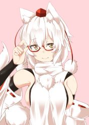 Rule 34 | 1girl, absurdres, animal ear fluff, animal ears, breasts, detached sleeves, glasses, hat, highres, houkai (collapse illust), inubashiri momiji, large breasts, looking at viewer, pink background, pom pom (clothes), red-framed eyewear, red eyes, ribbon-trimmed sleeves, ribbon trim, semi-rimless eyewear, shirt, short hair, sideboob, silver hair, simple background, sleeveless, sleeveless shirt, solo, tail, tokin hat, touhou, turtleneck, white shirt, wolf ears, wolf tail
